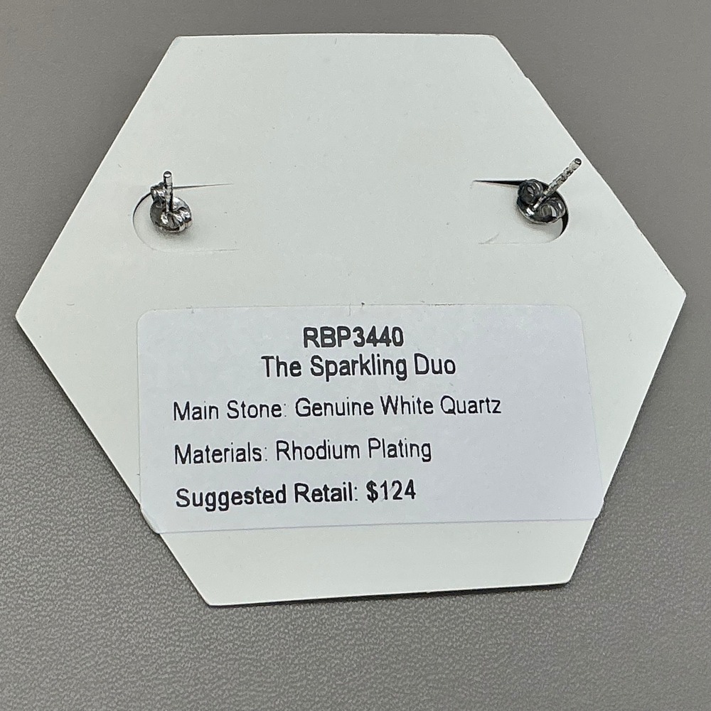 Bomb Party Genuine White Quartz Stud Earrings 1/4 Inch Rhodium Plated RBP3440 - Picture 3 of 6